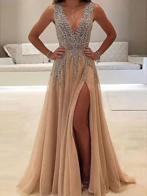 A Line V Neck Nude Tulle With Slit Sexy Shinny Rhinestone Long Prom Dresses