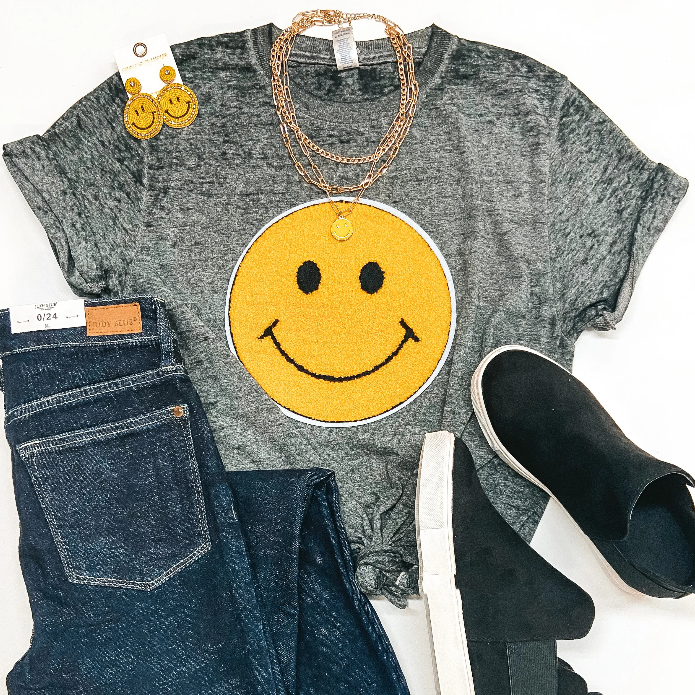 A Smile A Day Fuzzy Happy Face Short Sleeve Graphic Tee in Grey Acid Wash