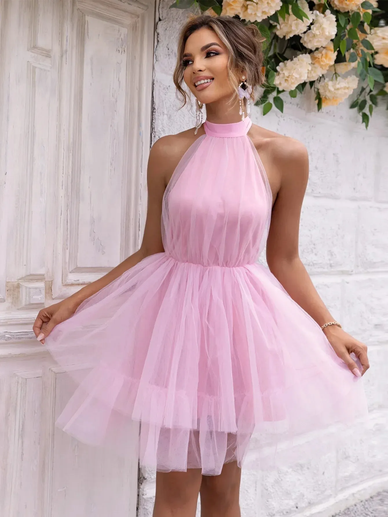 Birthday Pleated Sexy Evening Women Backless 2024 Club Party Prom Mesh Mini Wedding Dress Dress