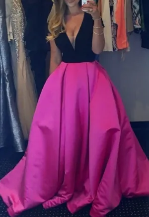 Black And Hot Pink Satin Deep V Neck Sexy Elegant Long Woman A Line Floor Length Prom Dresses