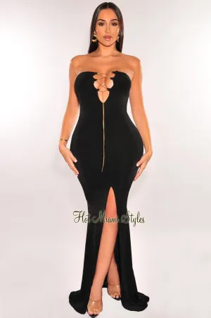 Black Ribbed Strapless Gold Chain Lace Up Slit Gown