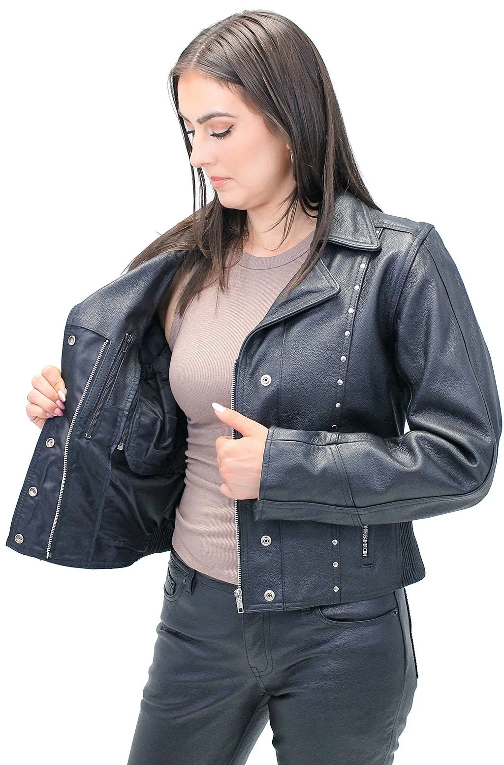 Black Rivet Trim Cowhide Motorcycle Jacket #L4042RZK ()