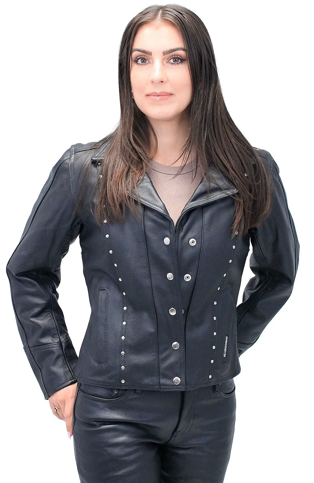 Black Rivet Trim Cowhide Motorcycle Jacket #L4042RZK ()