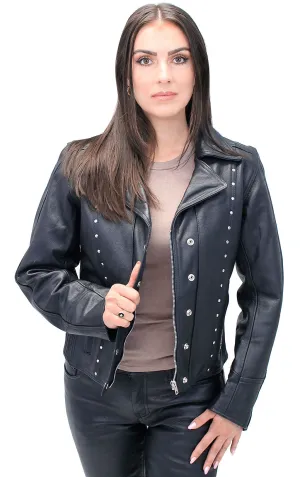 Black Rivet Trim Cowhide Motorcycle Jacket #L4042RZK ()