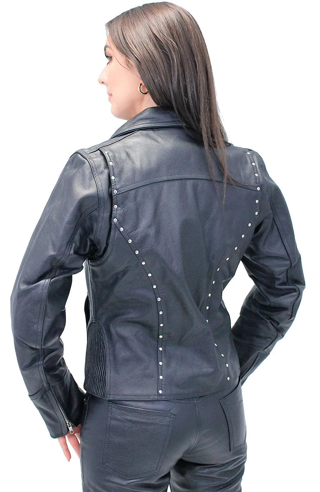 Black Rivet Trim Cowhide Motorcycle Jacket #L4042RZK ()