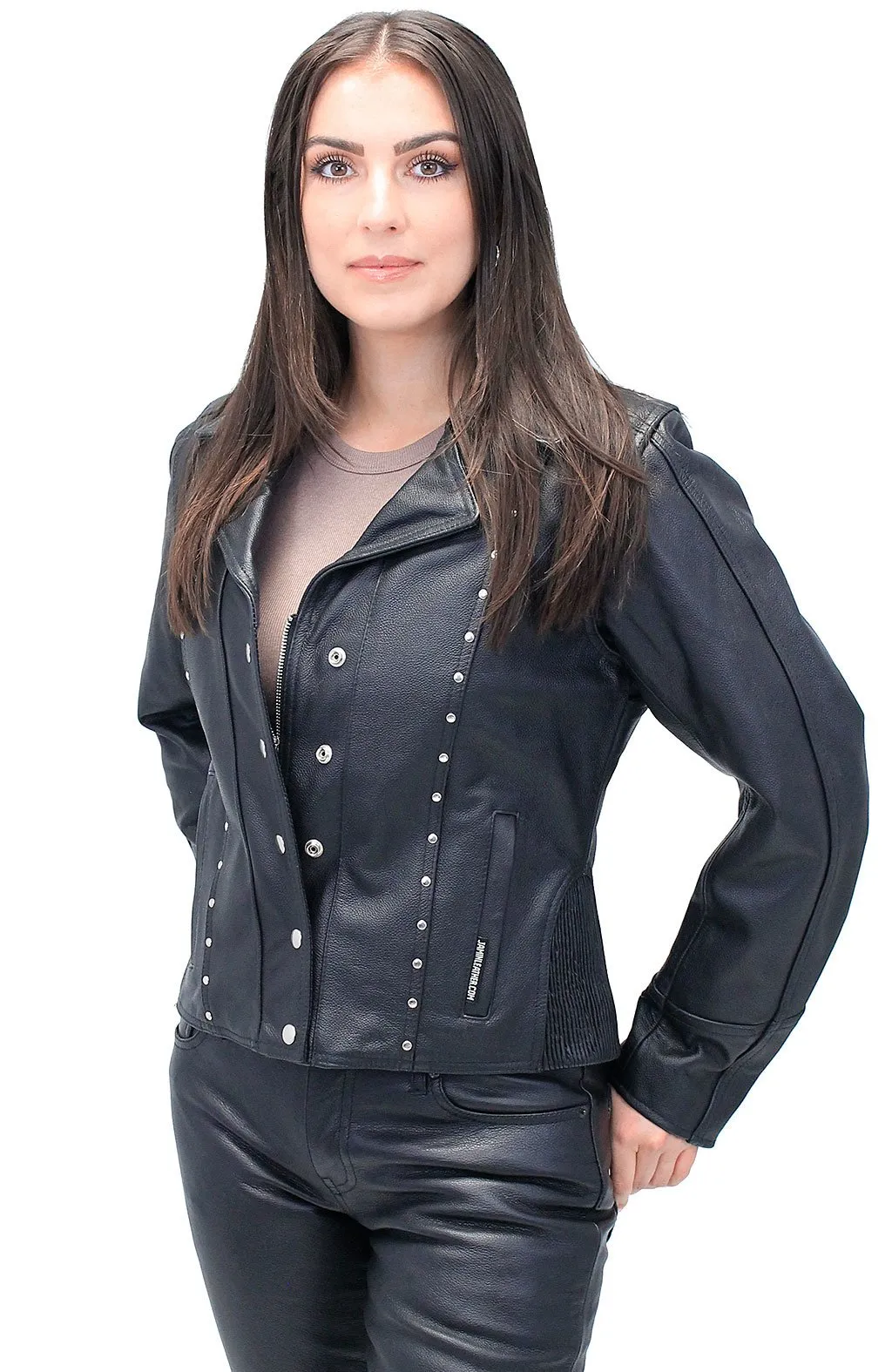 Black Rivet Trim Cowhide Motorcycle Jacket #L4042RZK ()