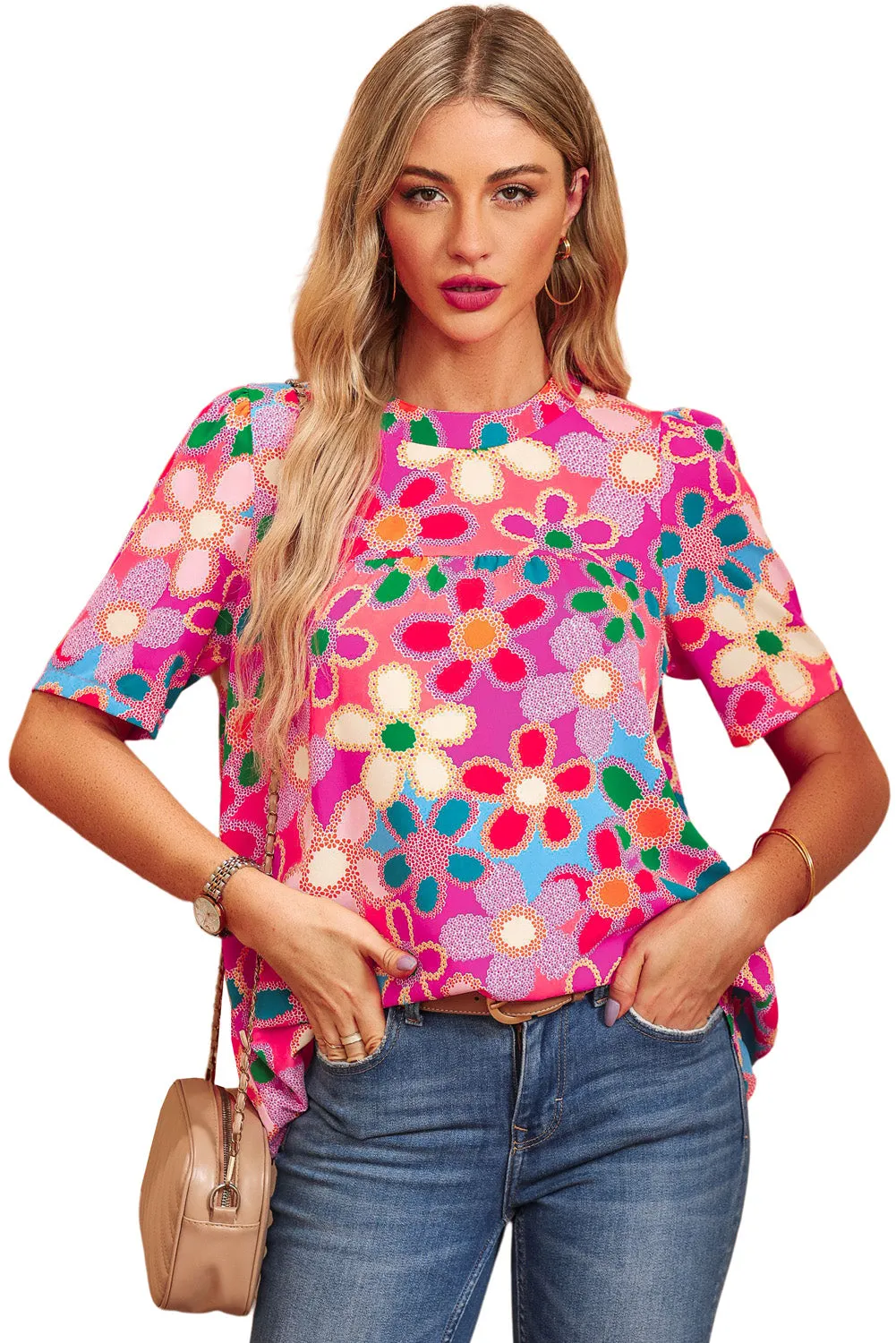 Boho Flower Puff Short Sleeve Top