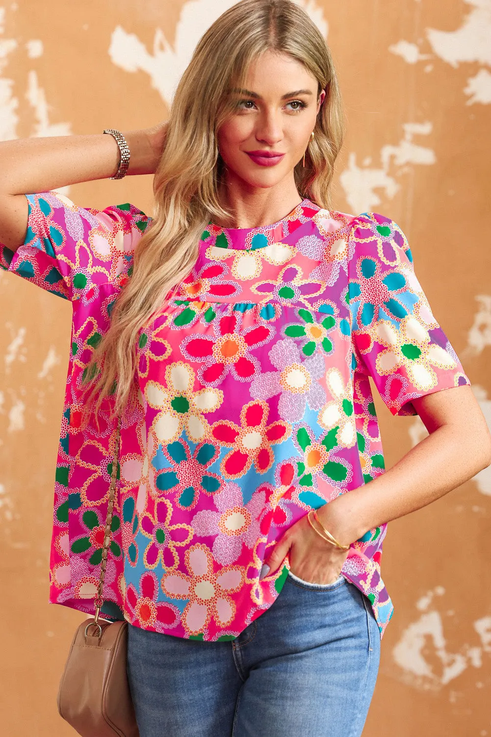 Boho Flower Puff Short Sleeve Top