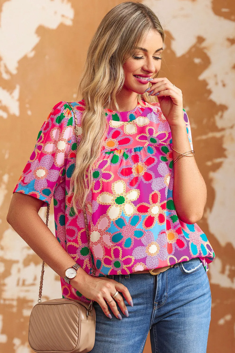 Boho Flower Puff Short Sleeve Top