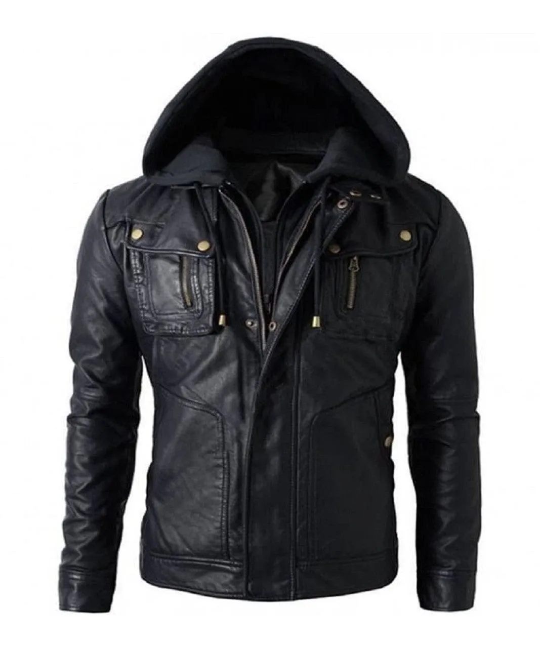 Brando Style Motorbike Leather Jacket Hoodie with Skull Embossed Logo at Back