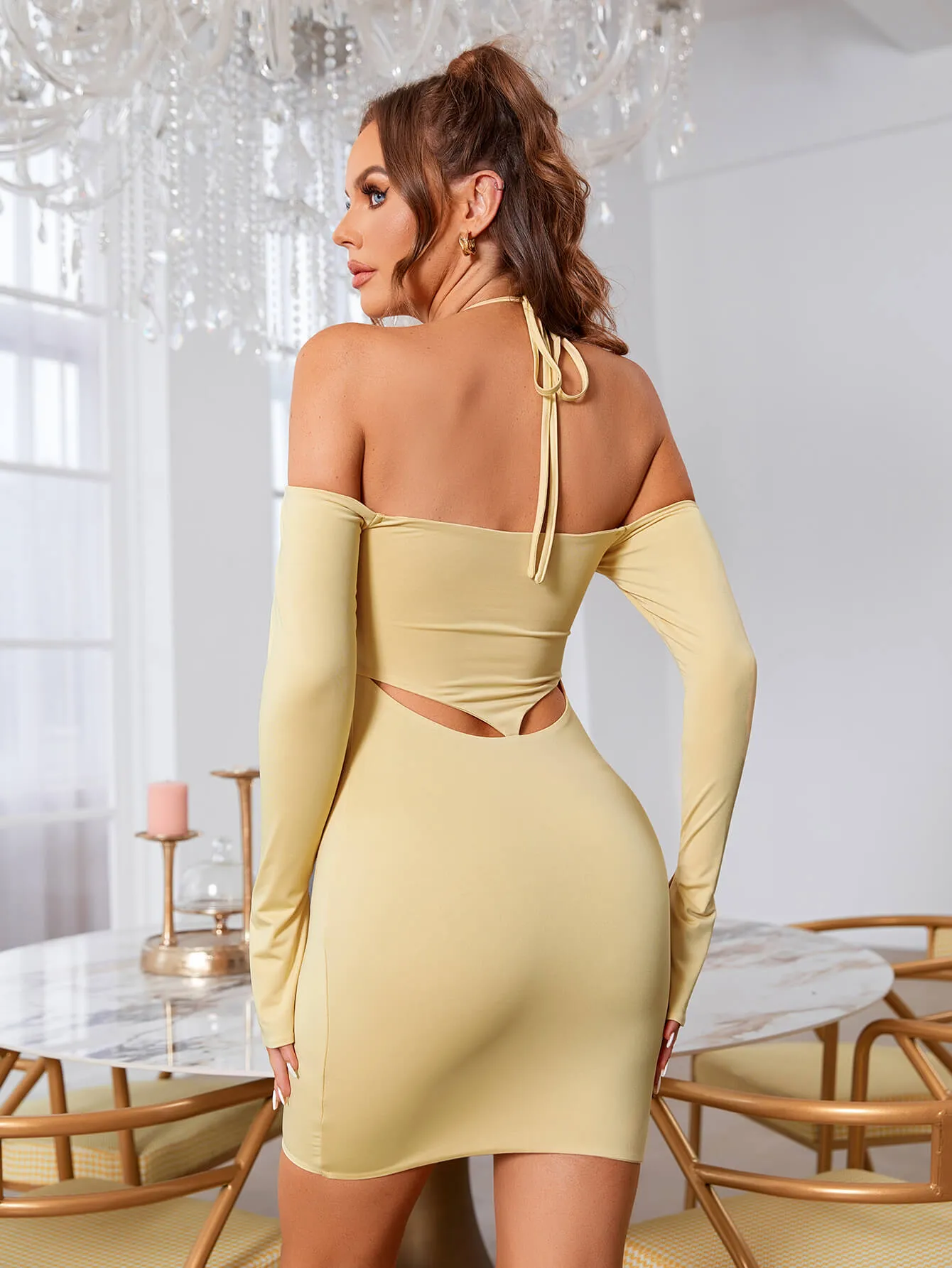 Cut Out Tie Trendy Backless Halter Bodycon Dress