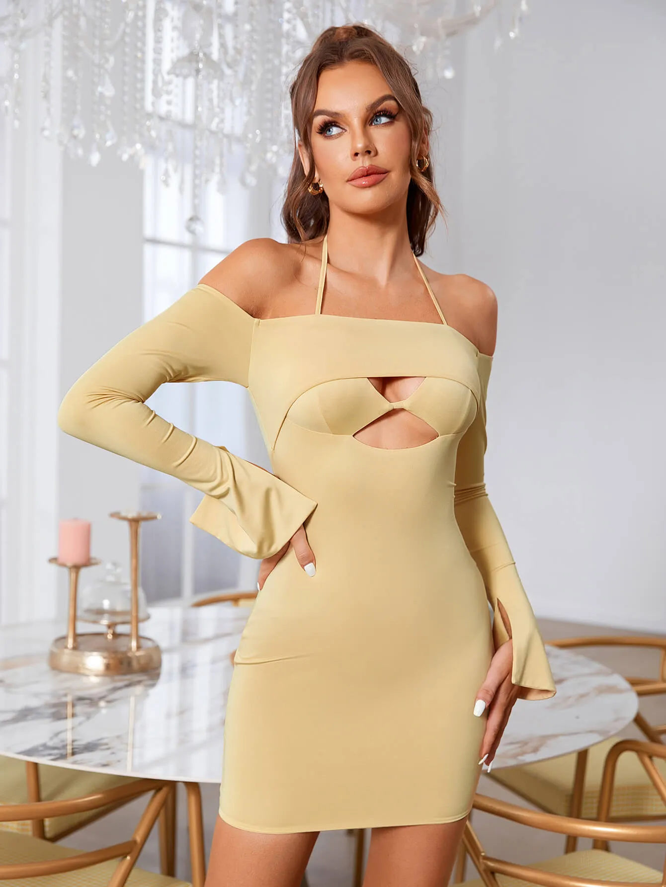 Cut Out Tie Trendy Backless Halter Bodycon Dress