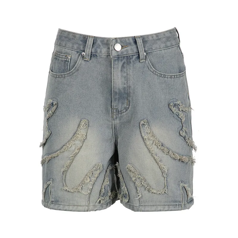 Distressed Denim Shorts with Raw Edge Detailing