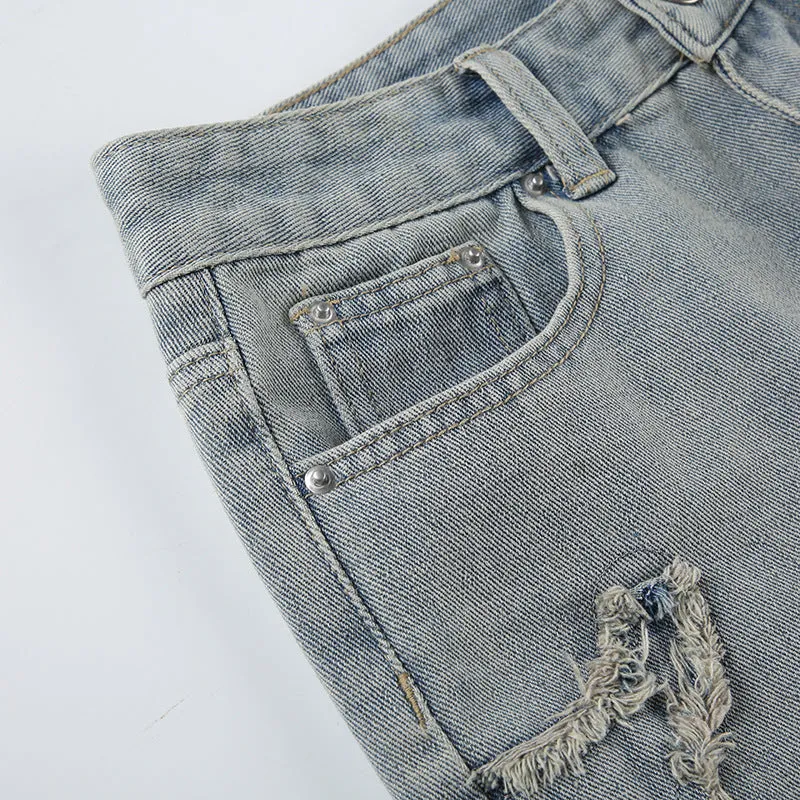 Distressed Denim Shorts with Raw Edge Detailing