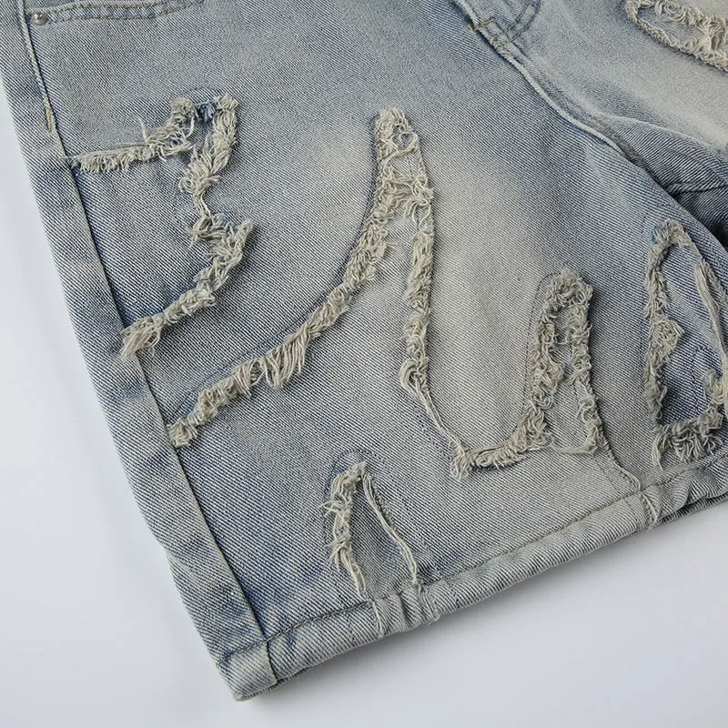 Distressed Denim Shorts with Raw Edge Detailing