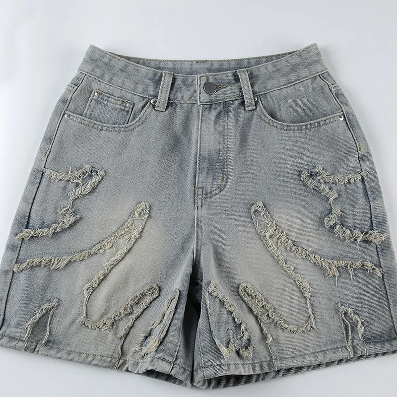 Distressed Denim Shorts with Raw Edge Detailing