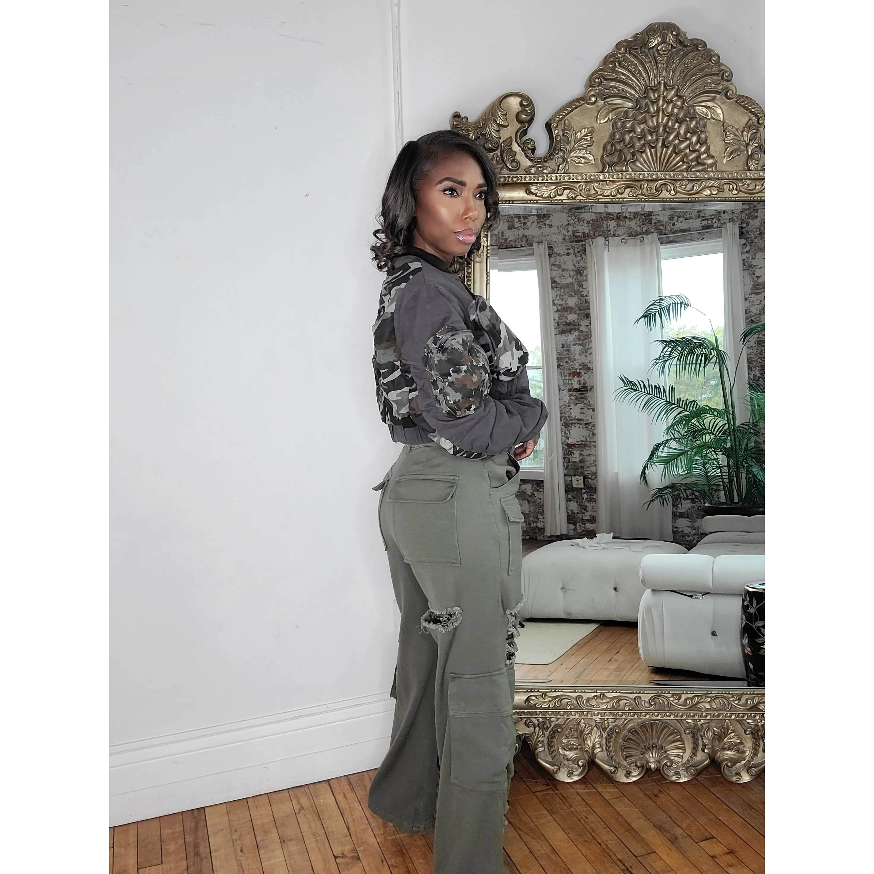 Distressed Denim Wide Leg Cargo Pants - Olive