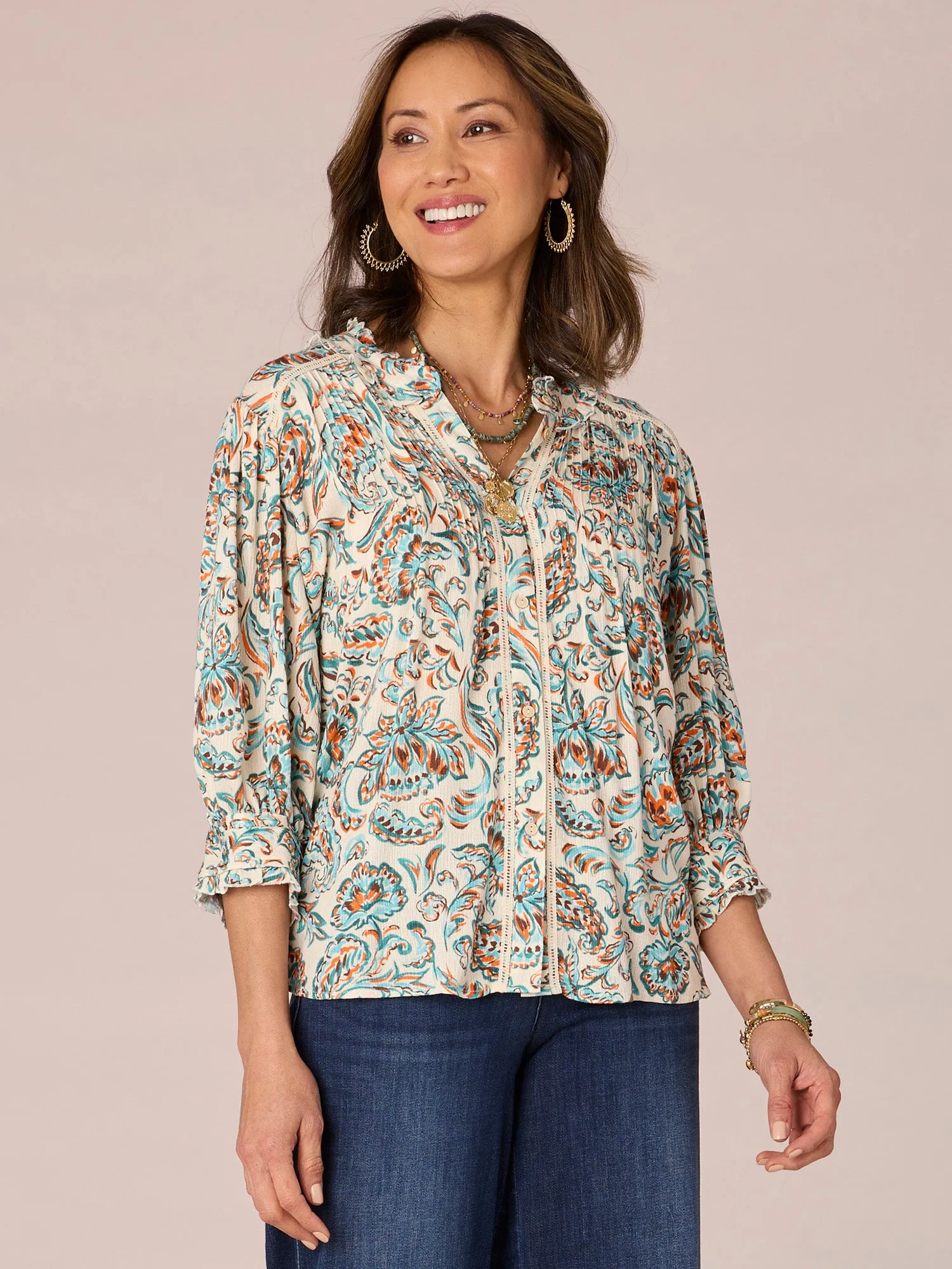 Elbow Sleeve Stand Collar Pintuck Button Front Printed Woven Shirt