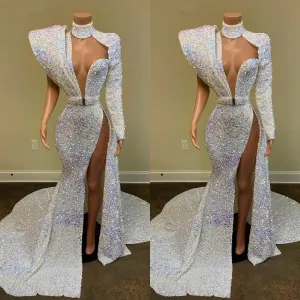 Gorgeous Sequin Long Mermaid Prom Dresses 2025 Sexy High Slit Sheer High Neck Single Long Sleeve African Black Girl Prom Dress