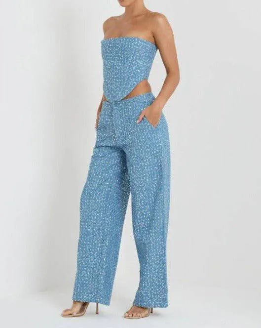 Hilda Sequin Destroyed Zipper Tube Top And High Waist Straight Leg Pants Set