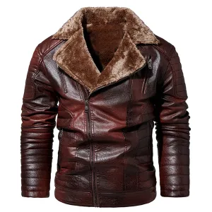 Men’s Biker Distressed Brown Genuine Sheepskin Faux Fur Moto Classic Thick Windproof Leather Jacket