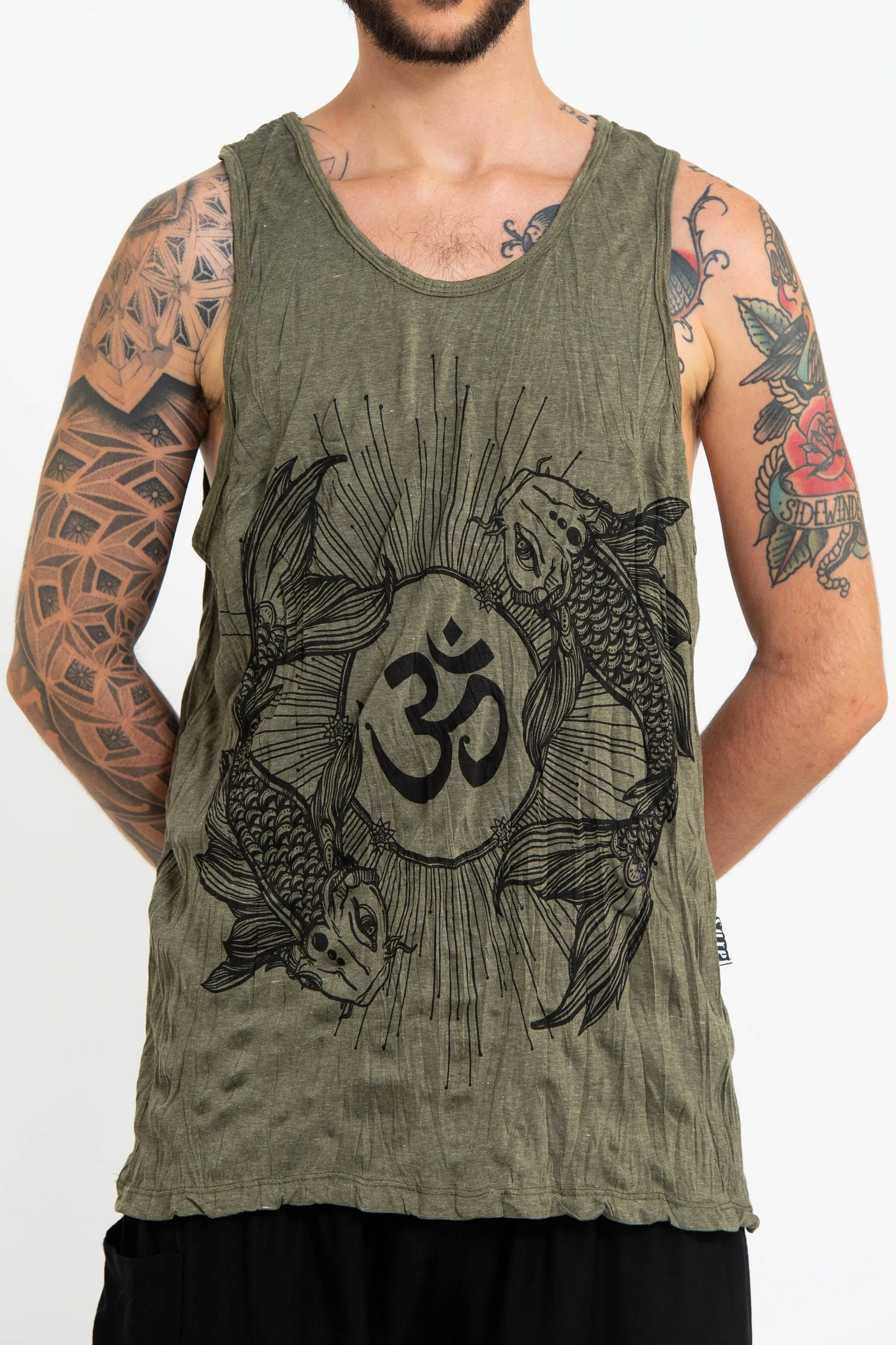 Mens Om and Koi Fish Tank Top in Green