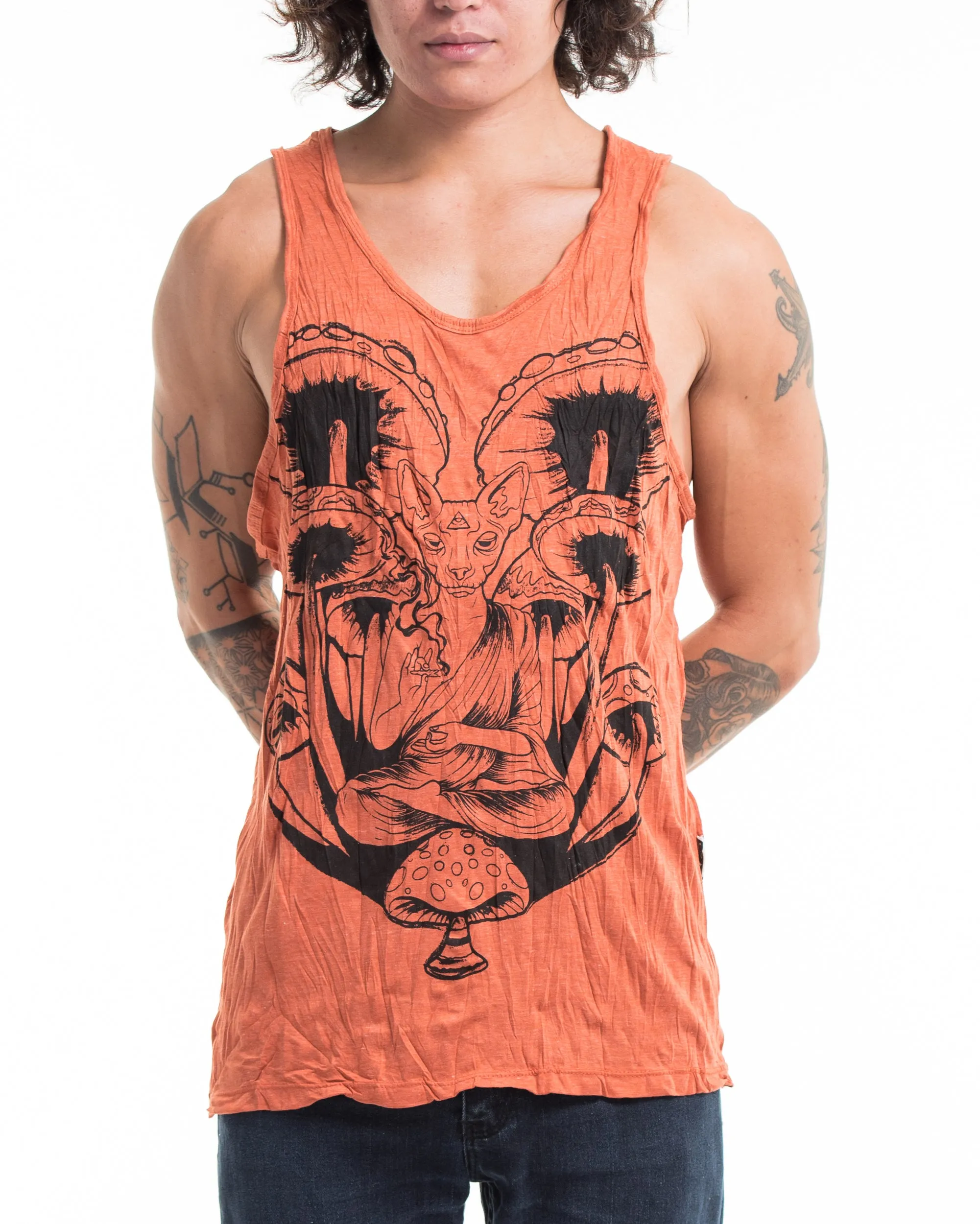 Mens Spiritual Shroom Cat Tank Top in Orange