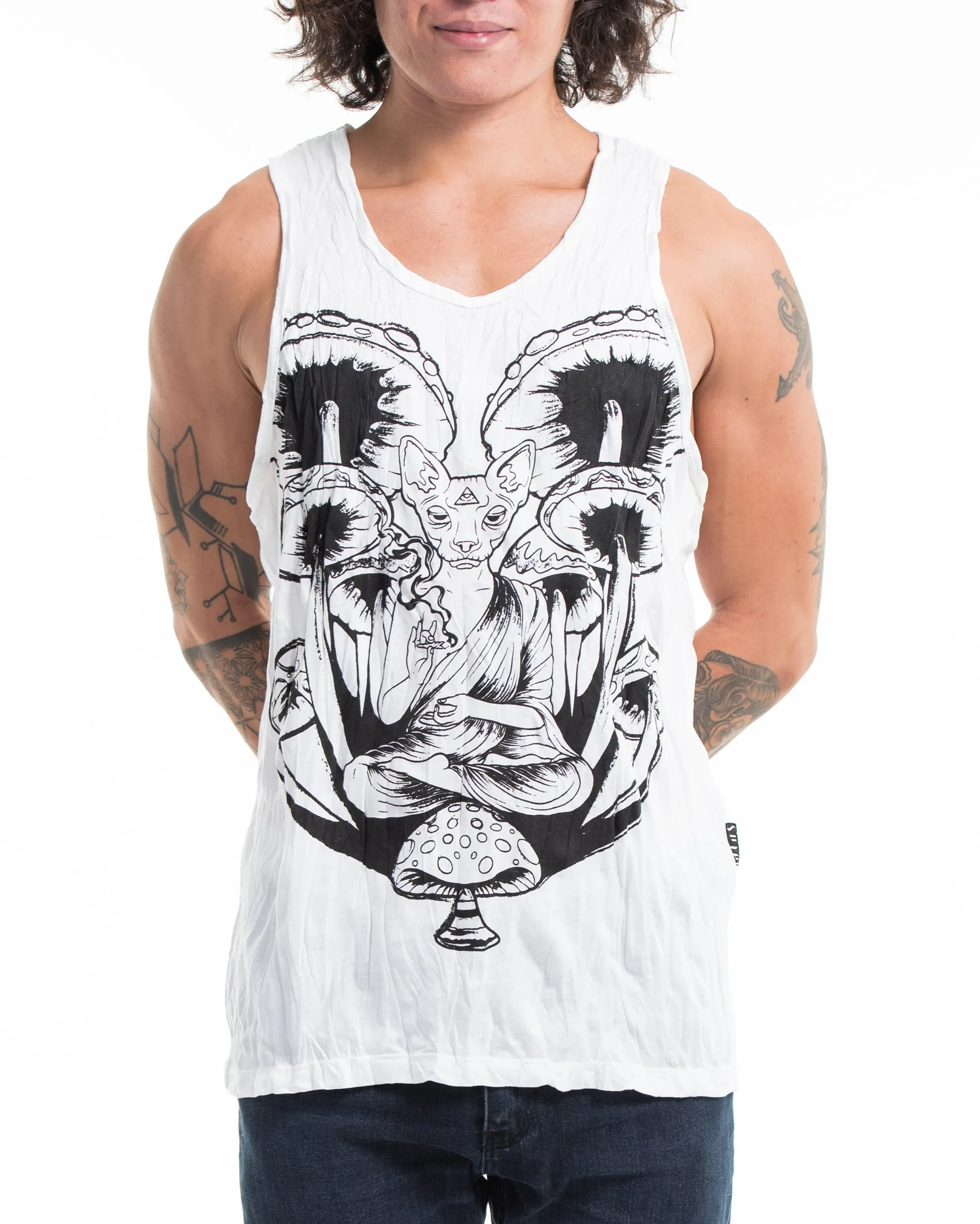 Mens Spiritual Shroom Cat Tank Top in White