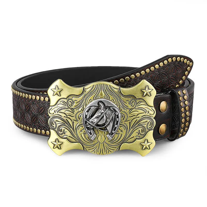 Men's Western Horse Relief Rivet Studded Leather Belt