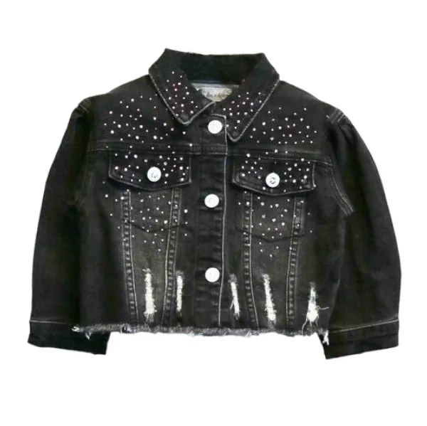 Pink Stud Distressed Black Denim Jacket