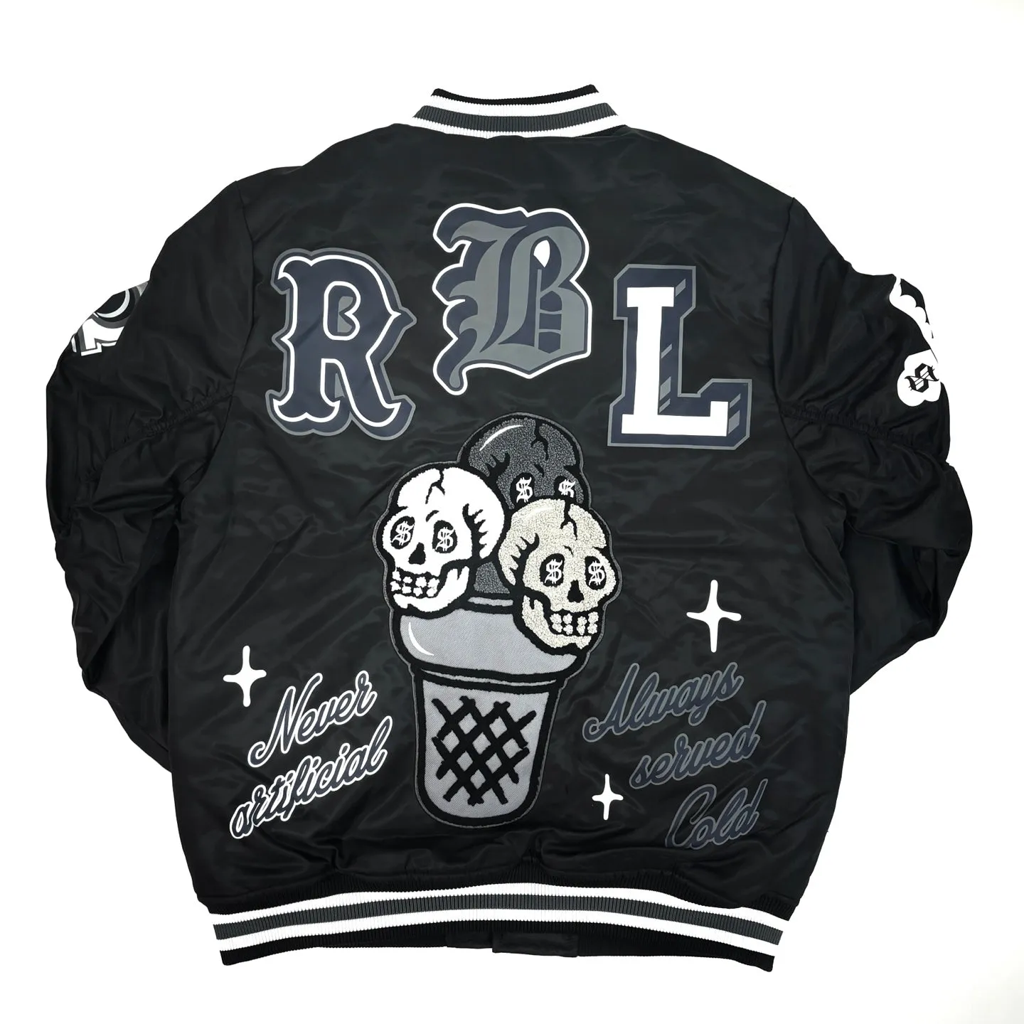 REBEL MINDS Rich Flavors Graphic Varsity Jacket