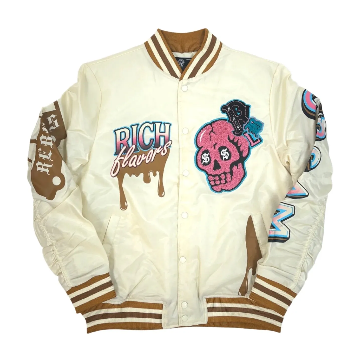 REBEL MINDS Rich Flavors Graphic Varsity Jacket