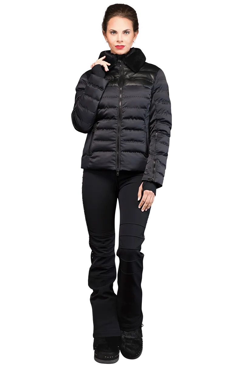 Rhea Ski Jacket with Leather Panels and Lamb Collar