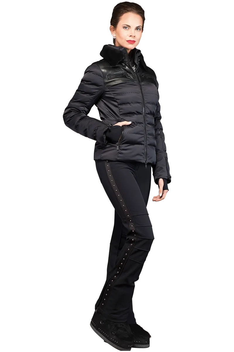 Rhea Ski Jacket with Leather Panels and Lamb Collar