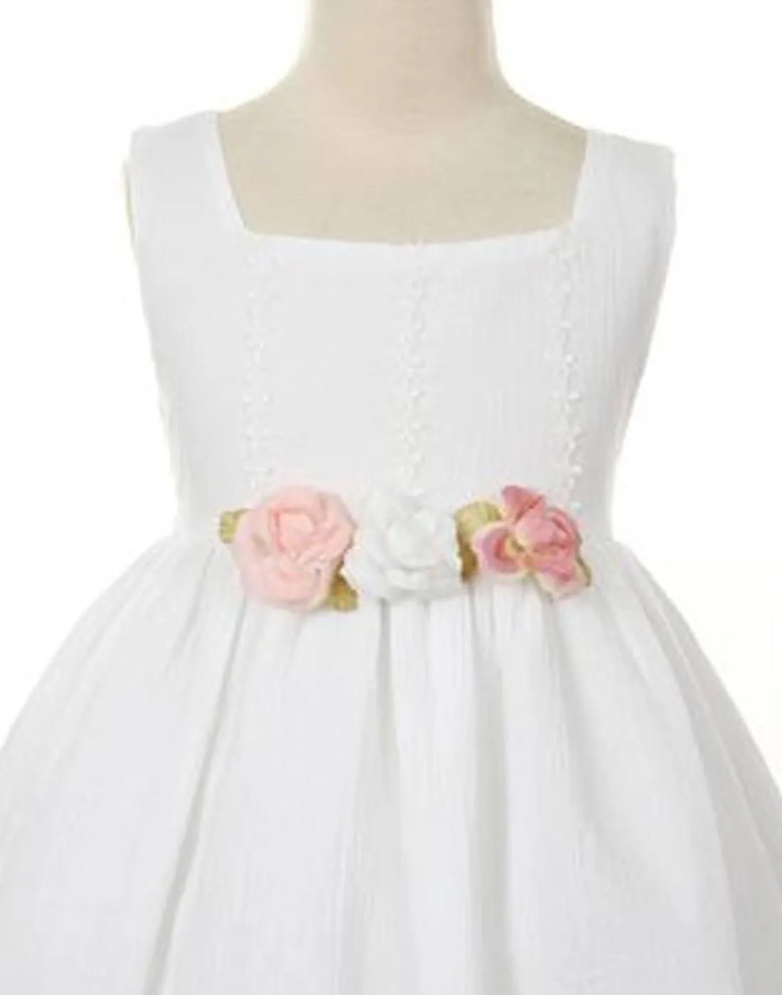 Sleeveless Linen Dress with Flower Trims - White