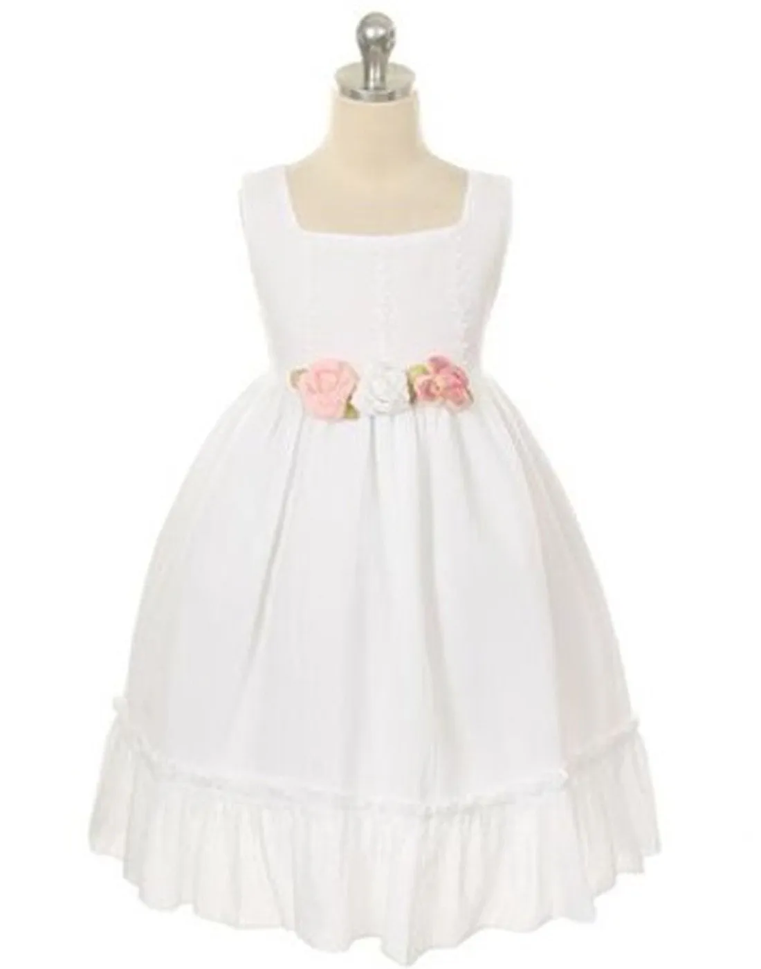 Sleeveless Linen Dress with Flower Trims - White