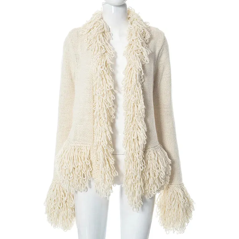 Tassels Casual Street Knitted Solid Fashion Women's Loose White Autumn Jacket