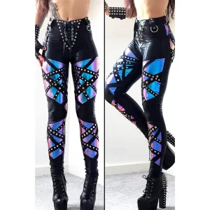 Trendy High Waist Lace Up Studded Patchwork Pants