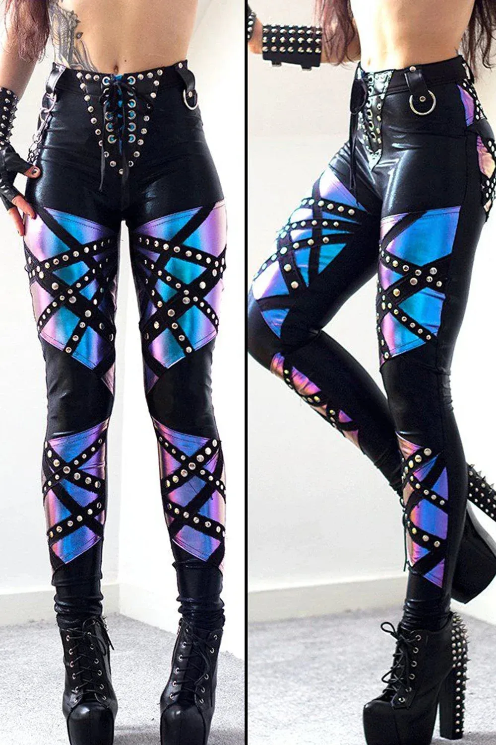 Trendy High Waist Lace Up Studded Patchwork Pants