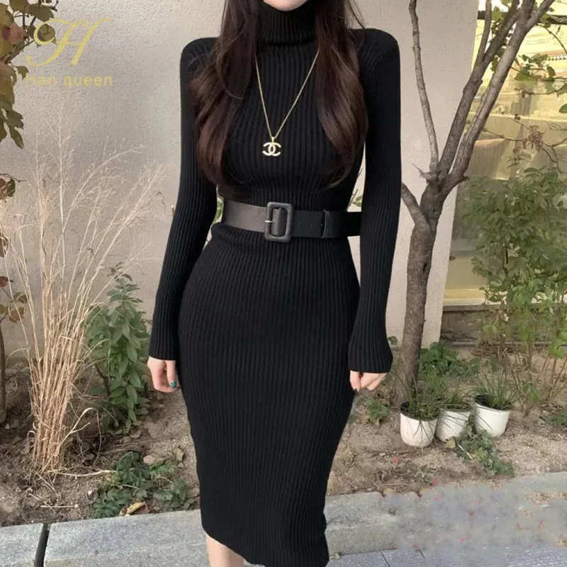 Trendy Knitted Turtleneck Sweater Dress With Belt