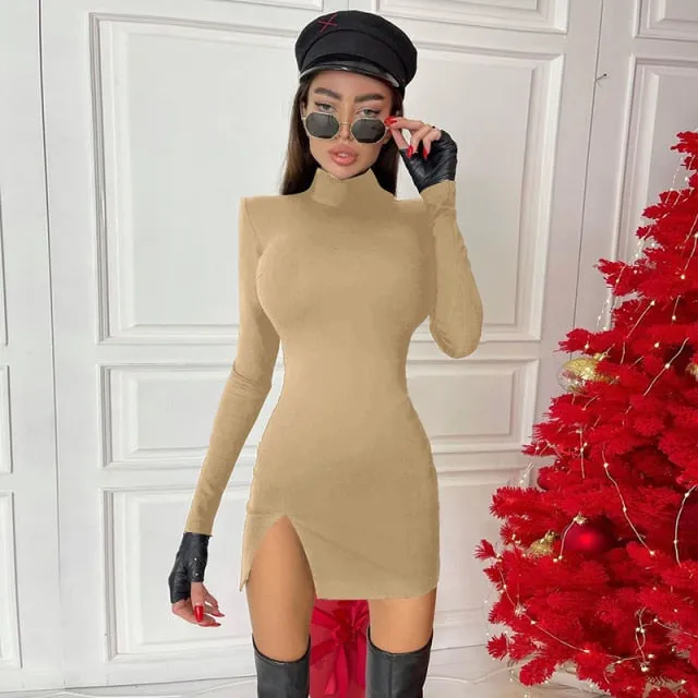 Trendy Long Sleeve Turtleneck Mini Dress