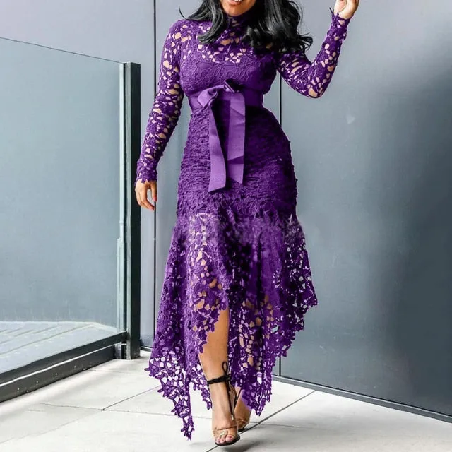 Trendy  Mesh Hollow Lace Long Sleeve Dress