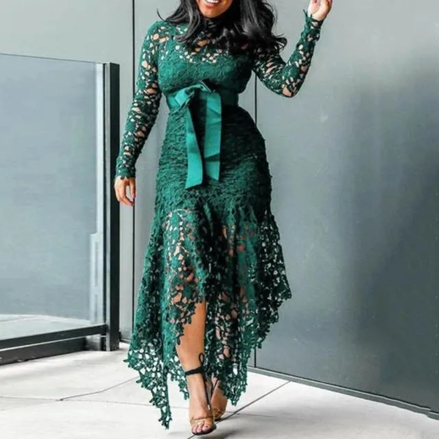 Trendy  Mesh Hollow Lace Long Sleeve Dress