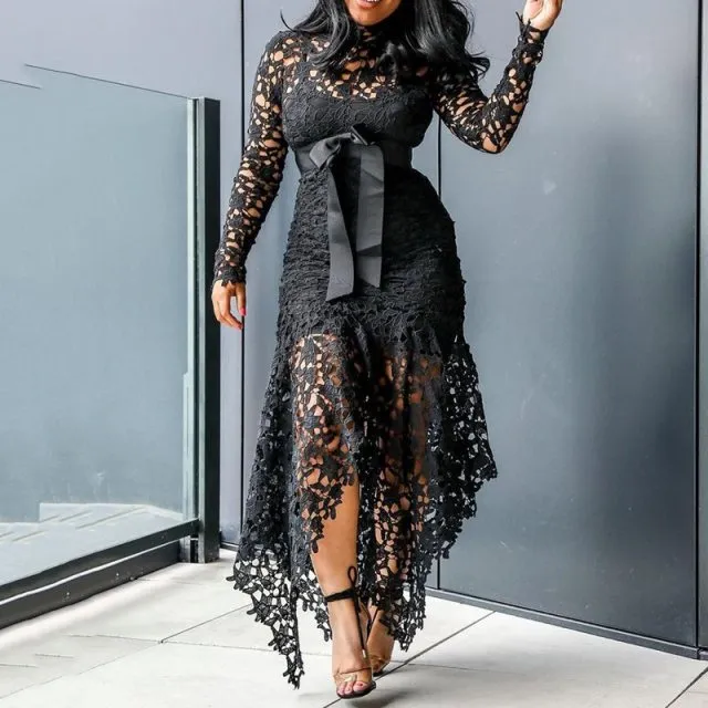 Trendy  Mesh Hollow Lace Long Sleeve Dress