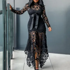 Trendy  Mesh Hollow Lace Long Sleeve Dress