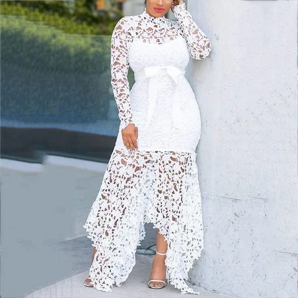 Trendy  Mesh Hollow Lace Long Sleeve Dress