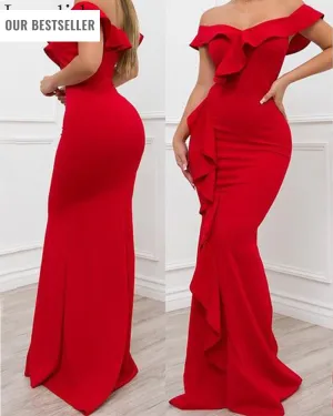 Trendy Red Off Shoulder Ruffles Mermaid Dress