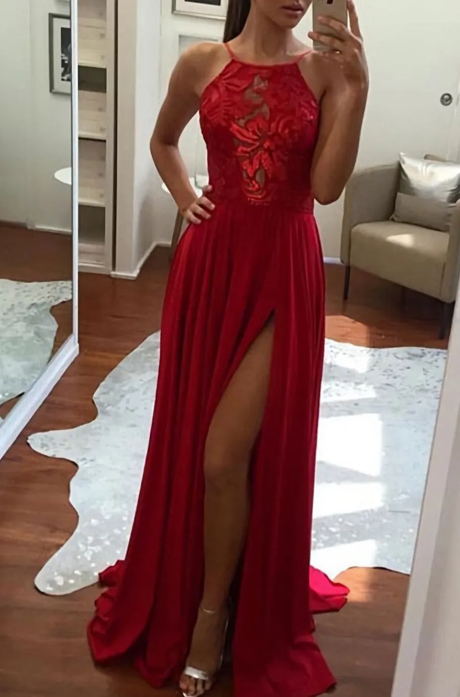 Unique A Line Halter Split Front Chiffon Long Sexy Prom Dresses