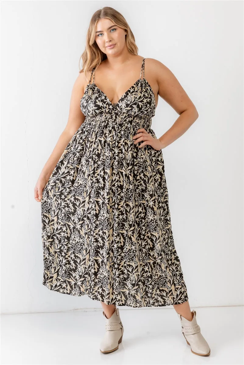 Voluptuous ( ) Plus Floral Smocked Waist Sleeveless Midi Dress - Ships from The US