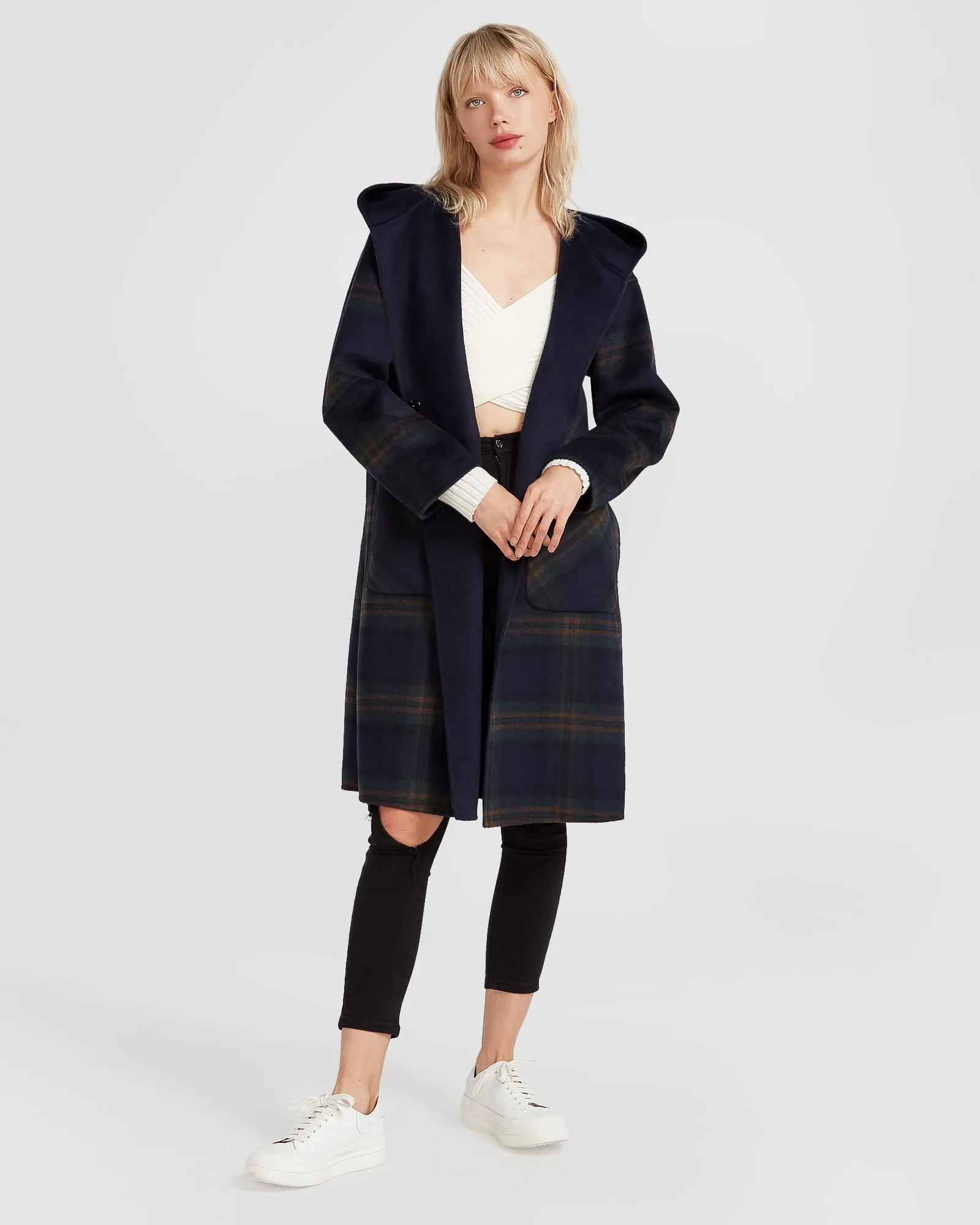 Walk This Way Wool Blend Oversized Coat - French Navy Plaid